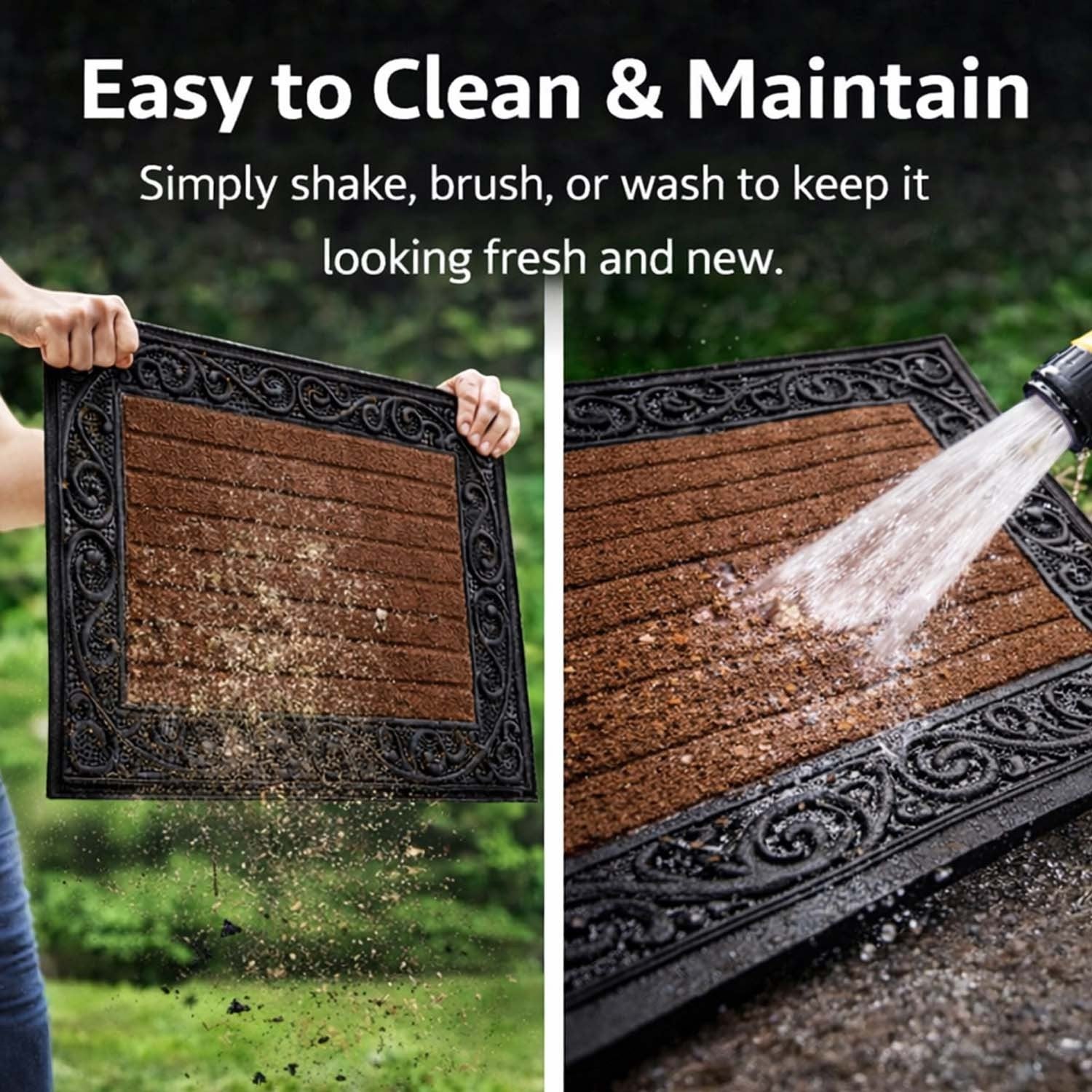 GoHooked brown rubber door mat with decorative border and ribbed surface being cleaned with water and shaking