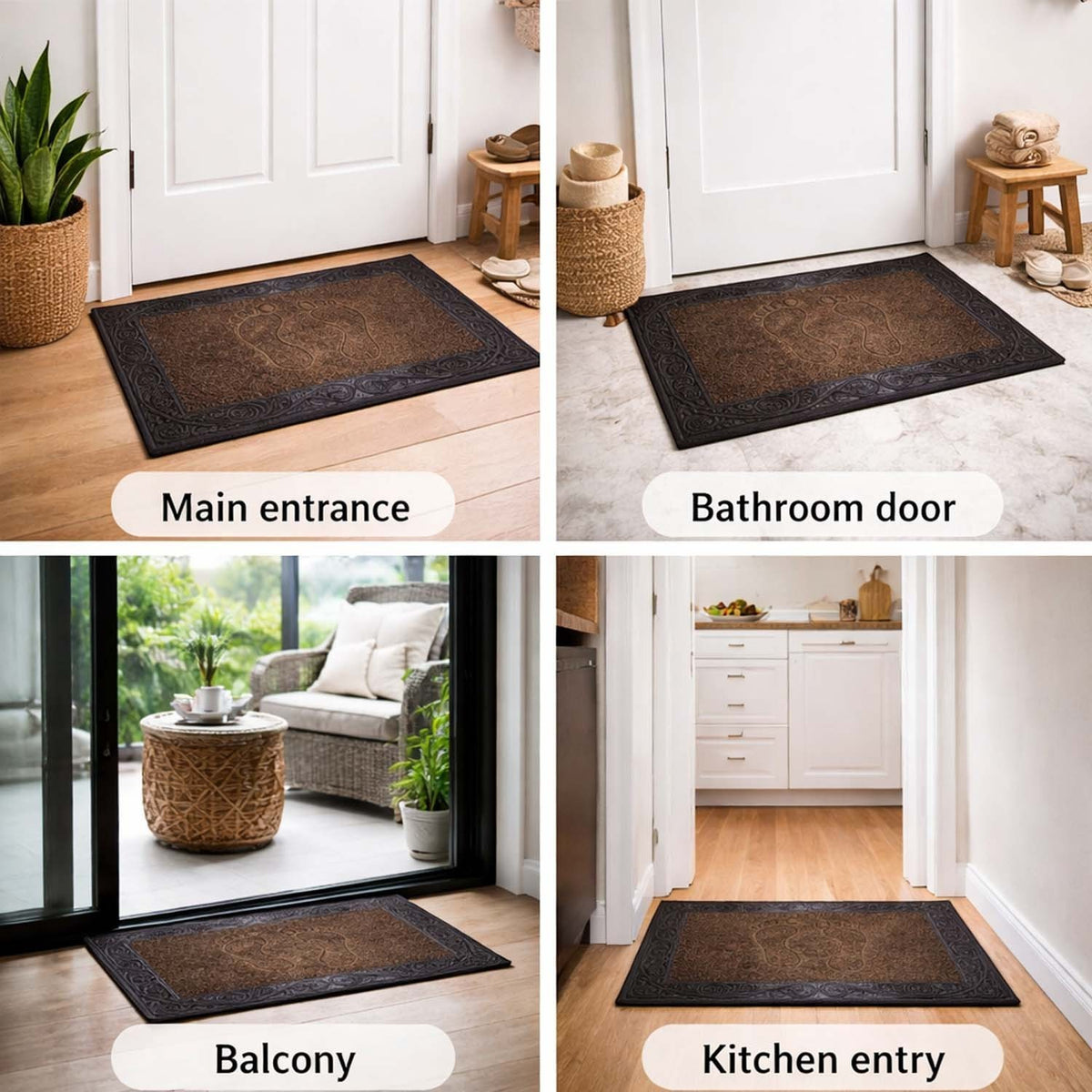 GoHooked brown rubber door mat with pebble texture and footprint design, shown in home entrance, kitchen, and bathroom.