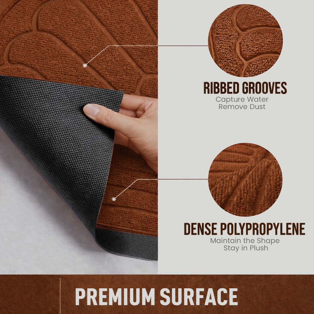 GoHooked brown semi-circle rubber door mat with ribbed grooves and dense polypropylene surface for anti-slip use.