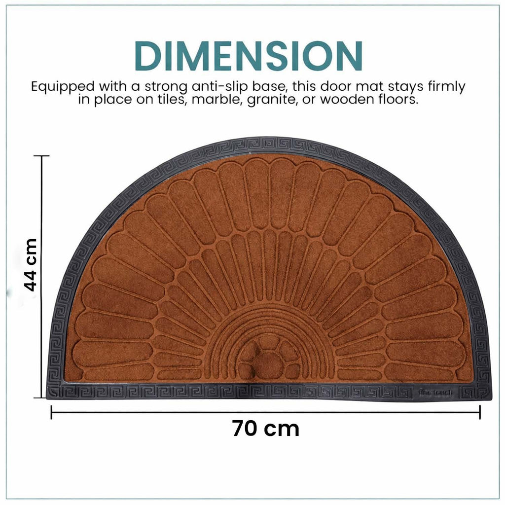 GoHooked brown rubber half circle door mat with sunburst pattern and black border, 70x44 cm anti-slip entrance mat.