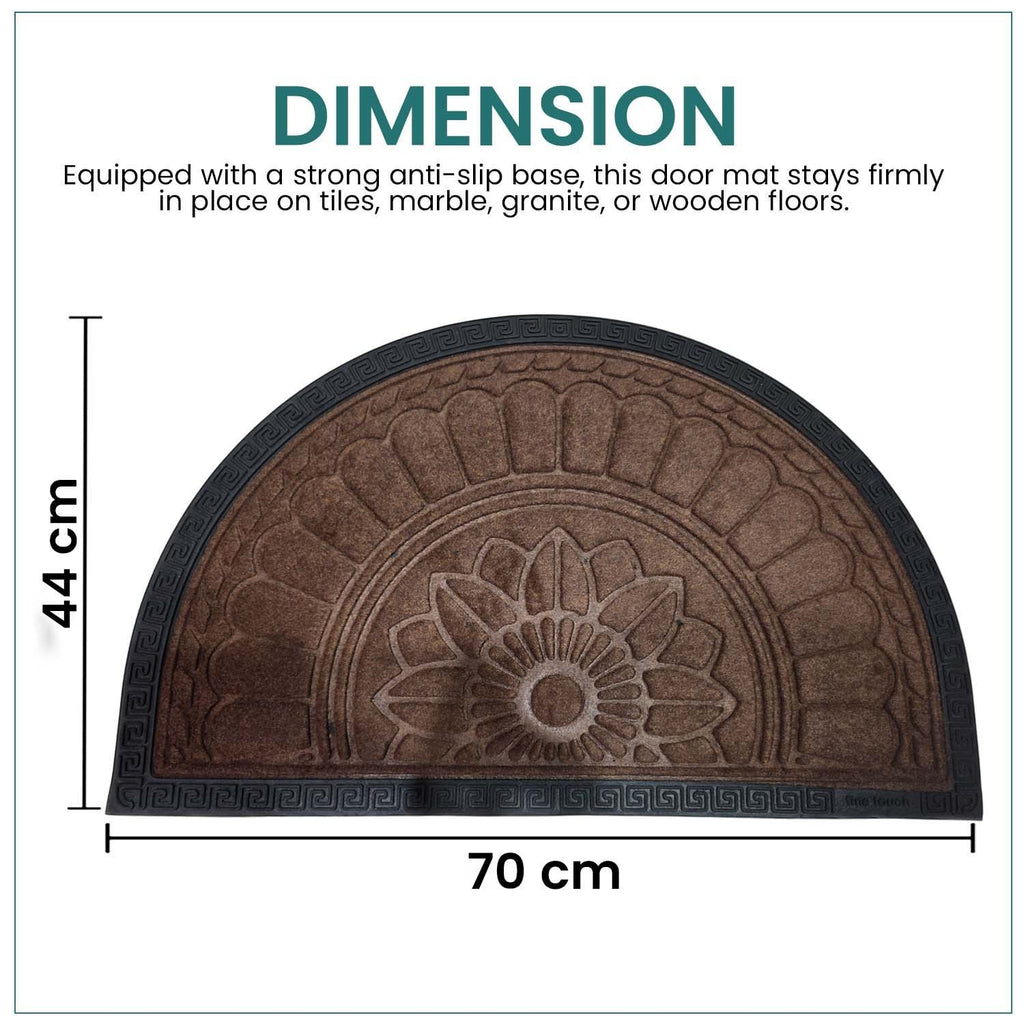 GoHooked brown rubber half circle door mat with embossed lotus floral pattern and anti-slip base, 70x44cm.