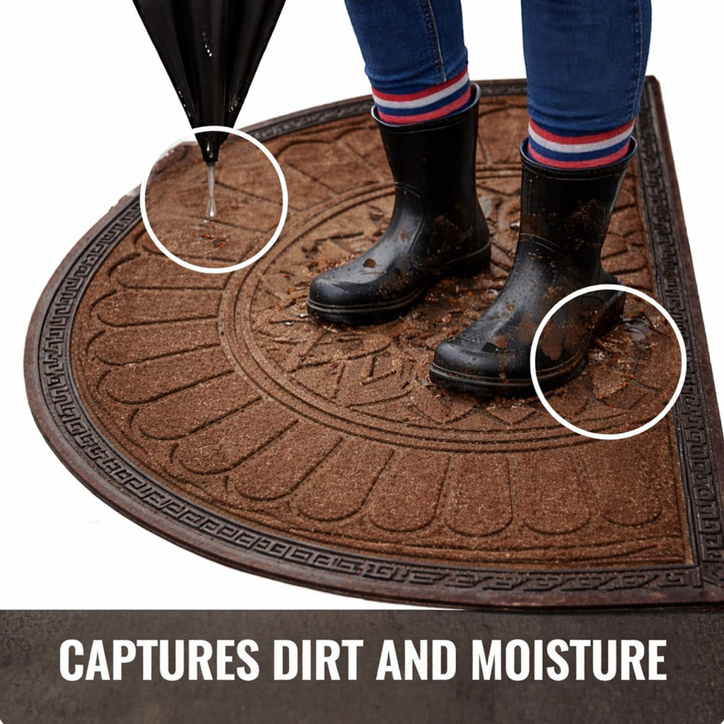 GoHooked brown rubber half circle door mat with embossed lotus design, capturing water and dirt from muddy boots.