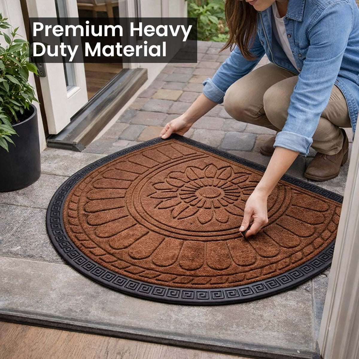 GoHooked brown rubber half circle door mat with embossed lotus floral pattern and anti-slip border on a patio