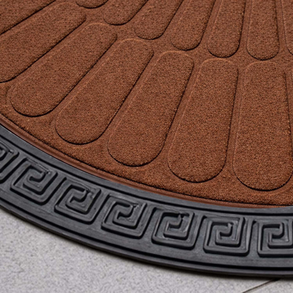 GoHooked brown rubber half circle door mat with a textured sunburst pattern and a decorative black Greek key border.