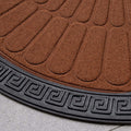 GoHooked brown rubber half circle door mat with a textured sunburst pattern and a decorative black Greek key border.