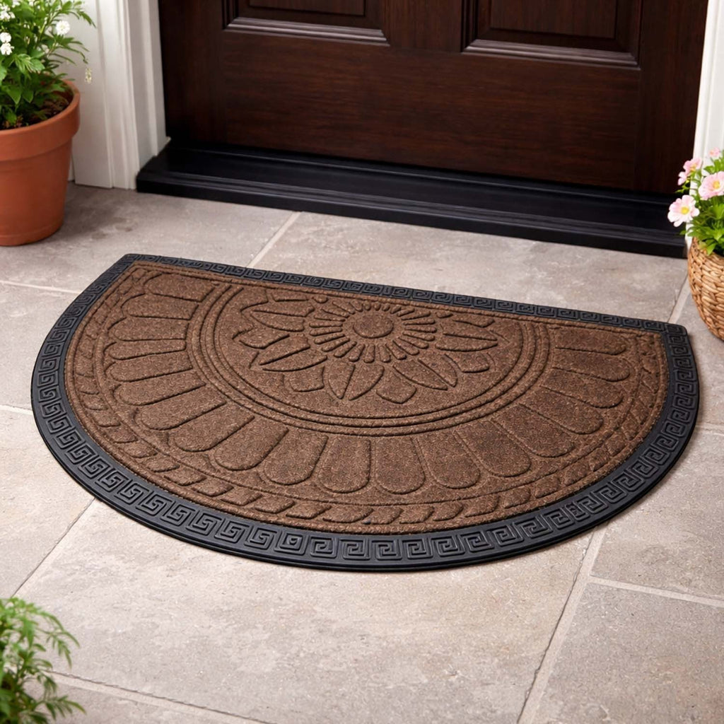 GoHooked brown rubber half circle door mat with embossed lotus floral design and anti-slip border for home entrance