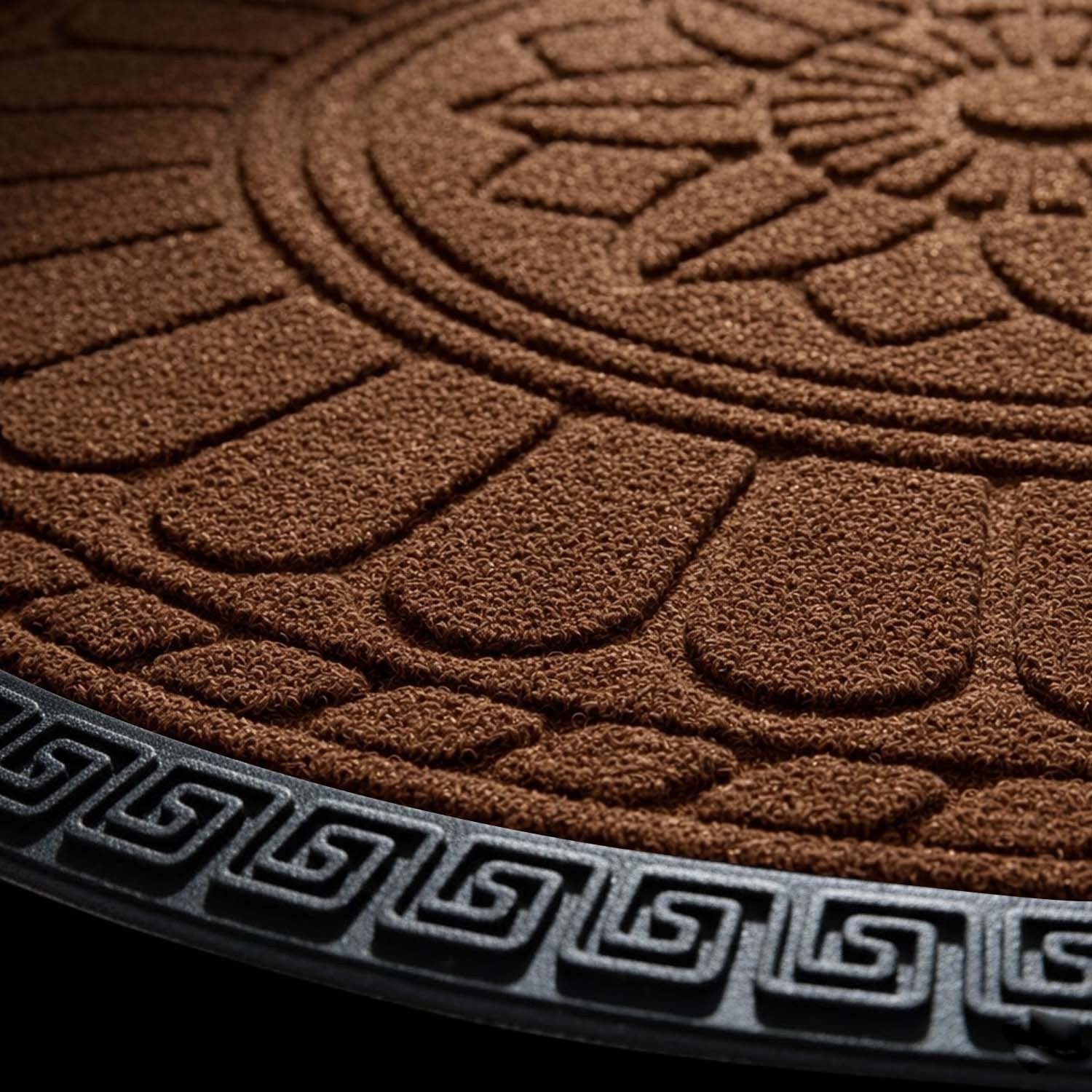 GoHooked brown rubber half circle door mat with embossed lotus floral pattern and geometric border detail.
