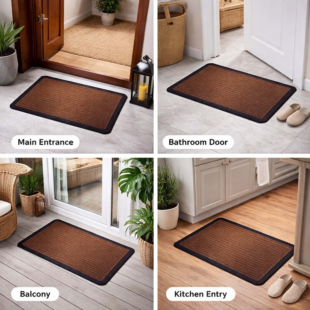 GoHooked brown rubber door mat with ribbed texture and black border, shown in home entrance, kitchen, and bathroom.