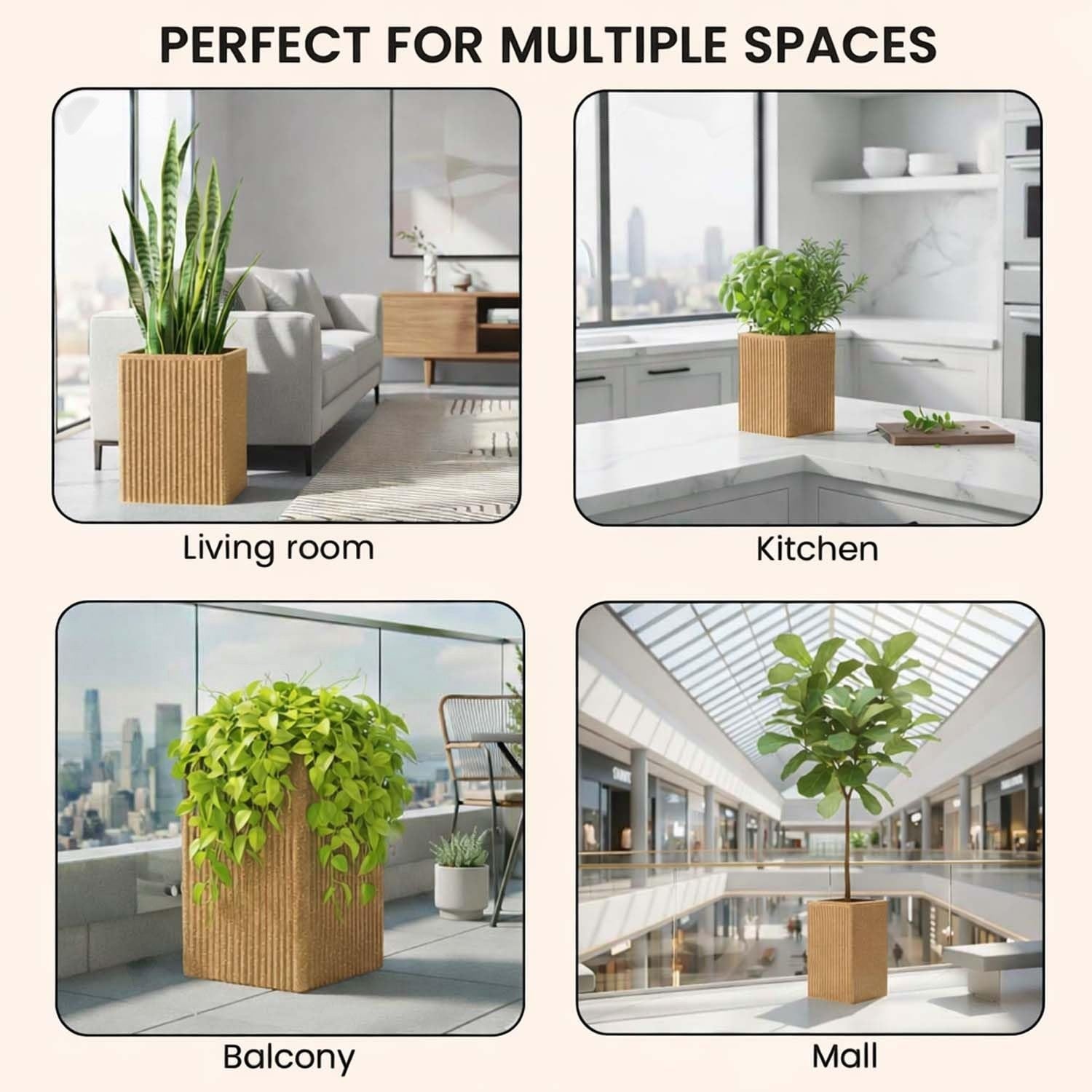 GoHooked extra-tall brown square polymer planter with ribbed texture, 12x24 inches, for indoor/outdoor plants.