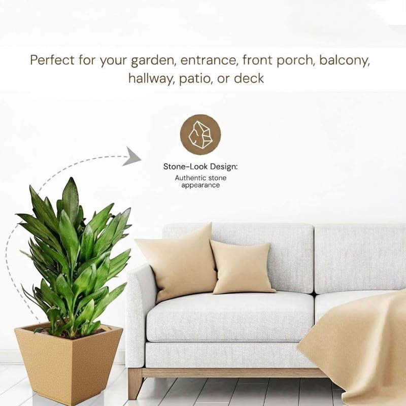 Go Hooked 10-inch square brown polymer planter with stone-look design, perfect for indoor/outdoor use.