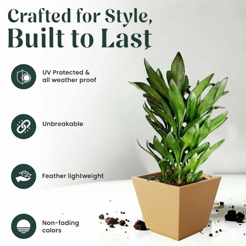 Go Hooked 10-inch square brown polymer planter pot with a plant. UV-resistant, unbreakable, lightweight, non-fading.
