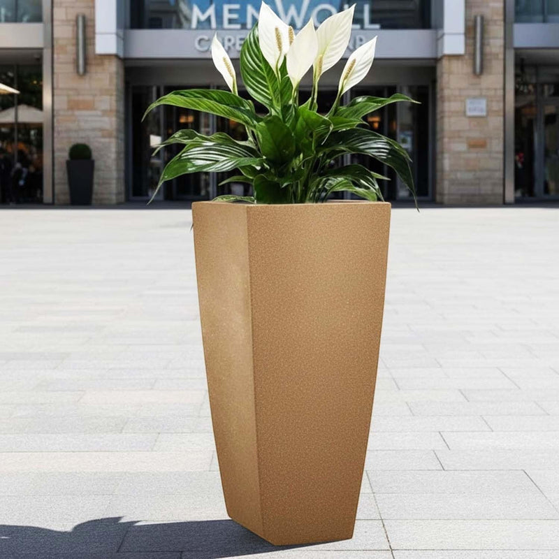 GoHooked tall brown square polymer planter with a textured finish, holding a peace lily plant.