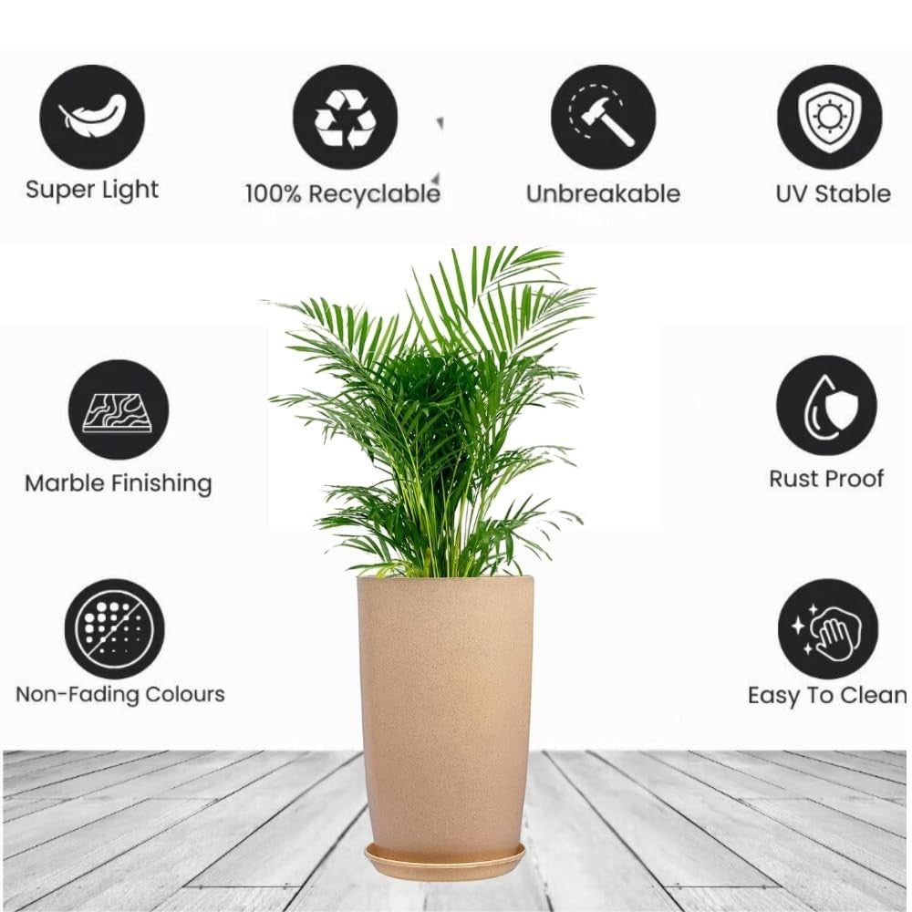 Go Hooked 18 inch tall brown tower planter with saucer, made from lightweight, UV stable, rust-proof, recyclable material.