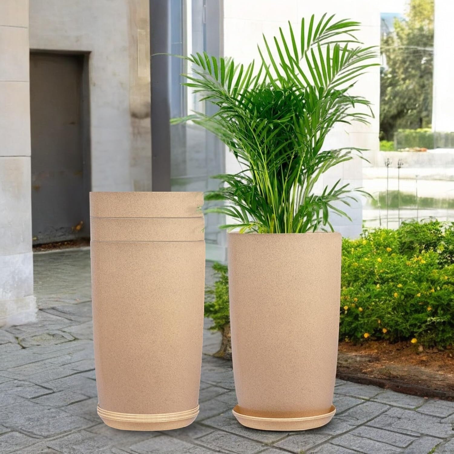 Go Hooked 18 inch brown lightweight tower planter with saucer tray, perfect for indoor/outdoor use.