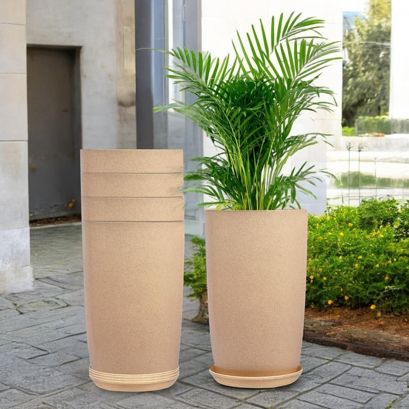 Go Hooked 18 inch brown lightweight tower planter with saucer tray, pack of 5. Features drainage holes.