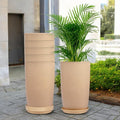 Go Hooked 18-inch tall, lightweight, brown, textured tower planters with saucers. Pack of 6.