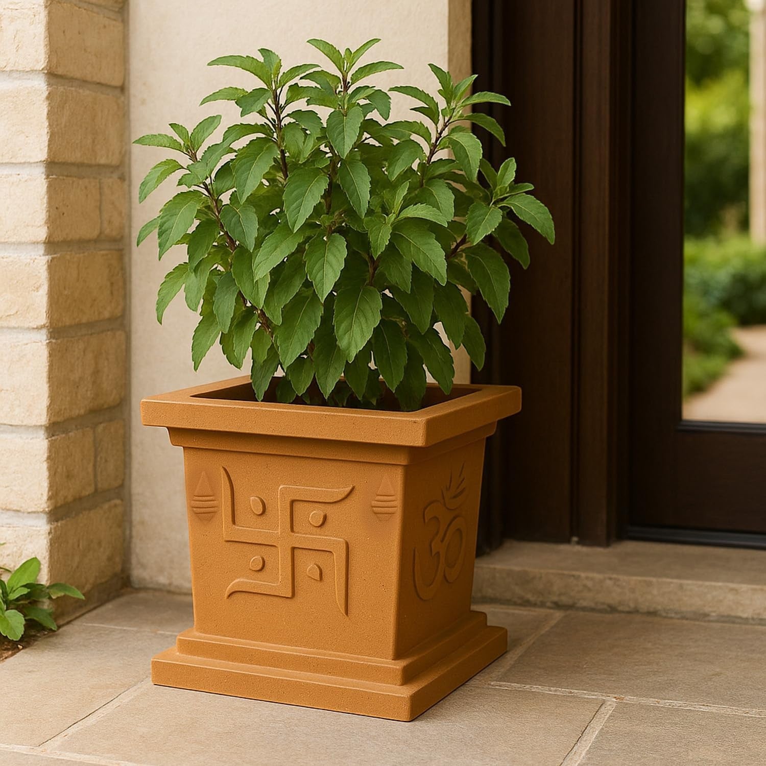 GoHooked traditional brown square plastic Tulsi pot with Om and Swastik design, 9 inch size, for home temple or balcony decor.
