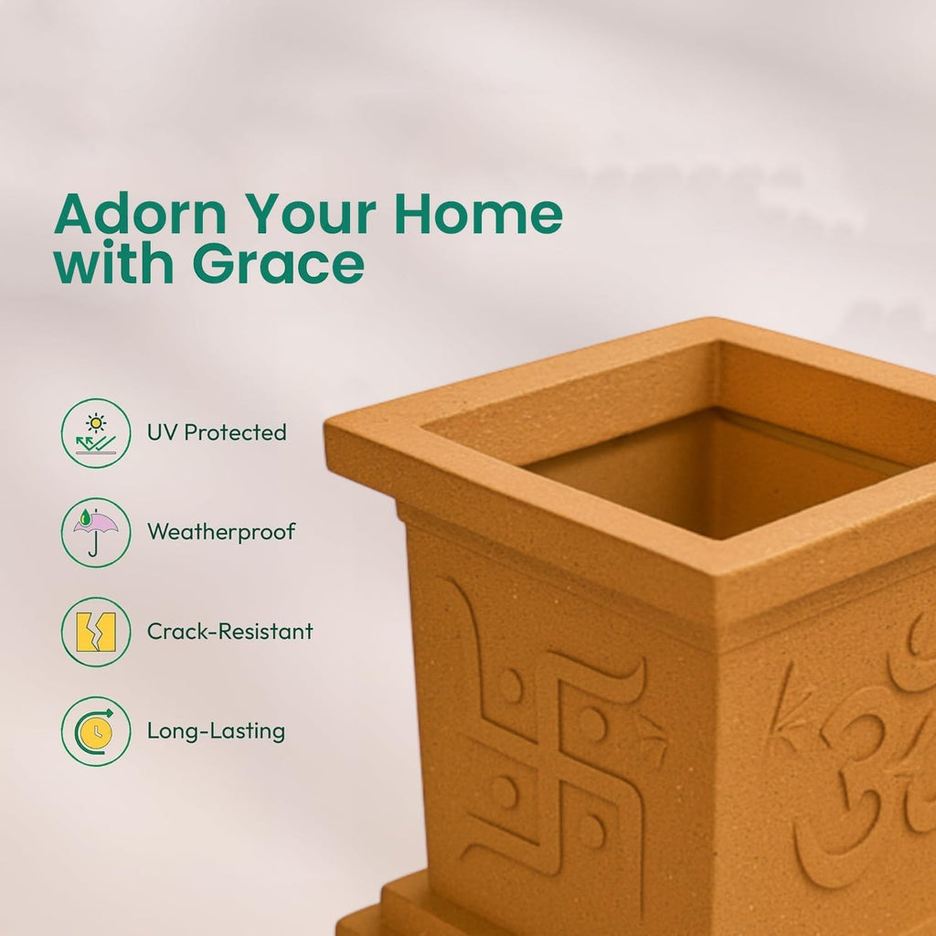 GoHooked brown square plastic Tulsi pot with Om and Swastik design, 9 inch, UV protected, weatherproof, crack-resistant.