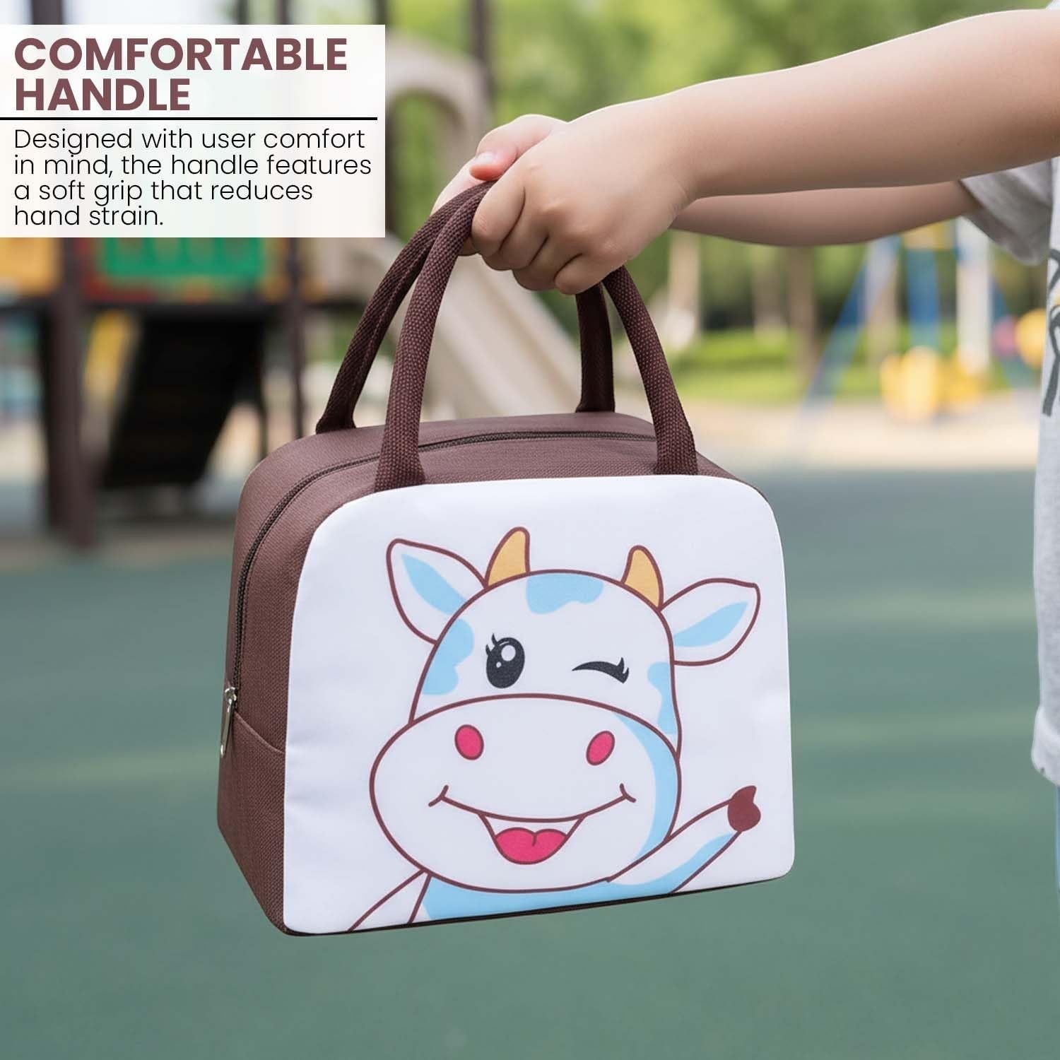 Go Hooked brown Oxford cloth lunch bag with winky cow design on white front, insulated for school or picnics.