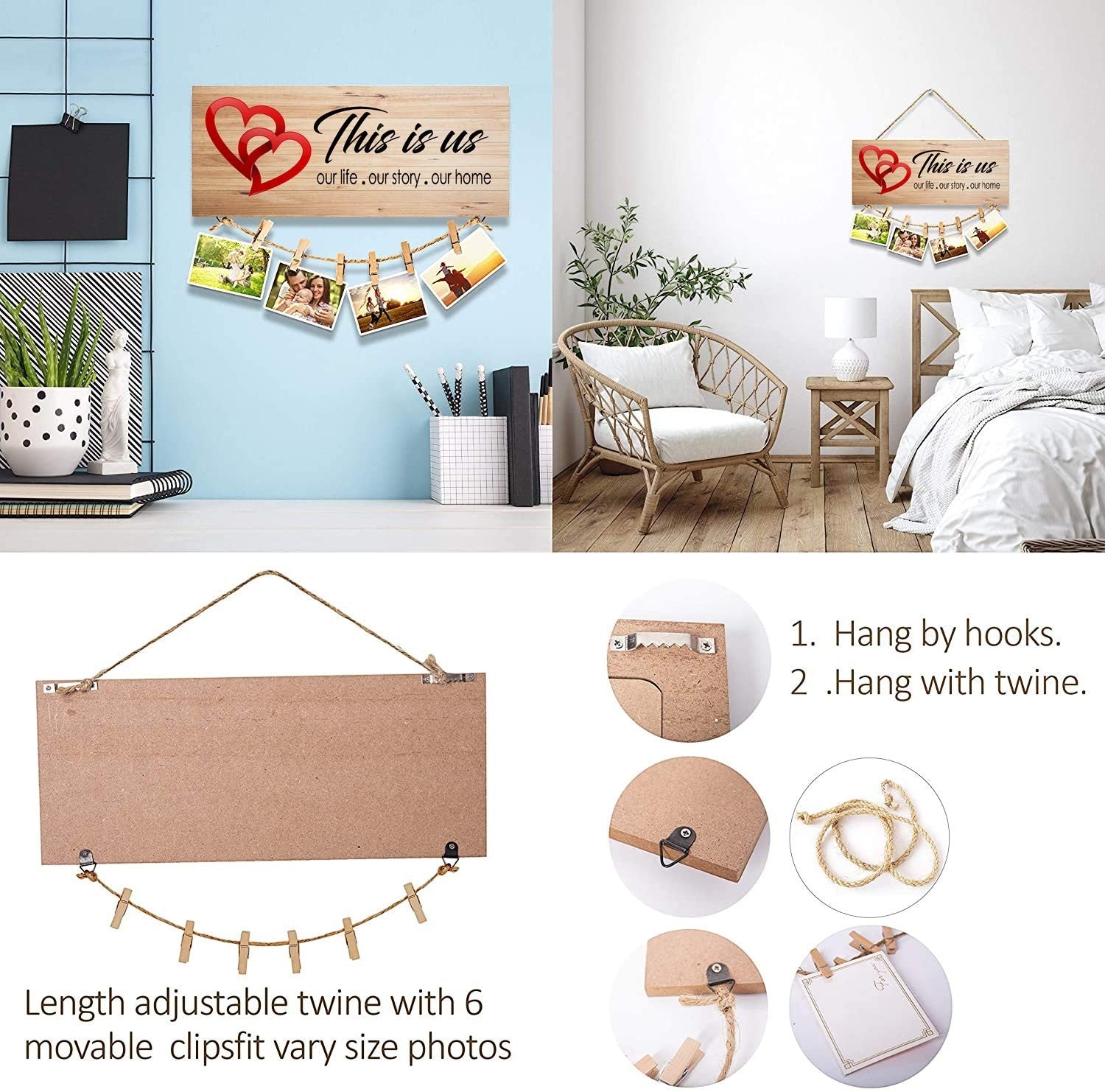GoHooked brown MDF wood farmhouse sign with "This is us" text, red hearts, and twine with 6 clips for photos.