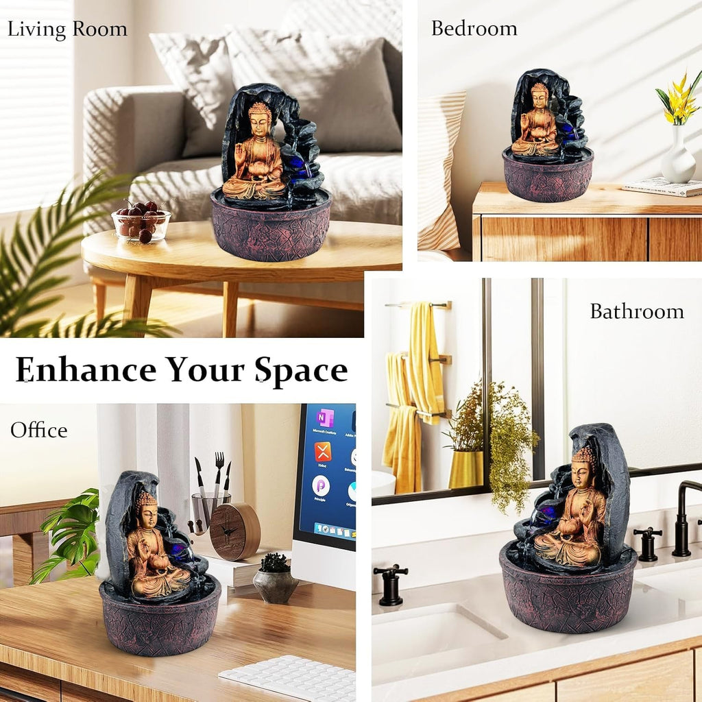 GoHooked Lord Buddha tabletop fountain with LED lights and adjustable water flow, made of polyresin.