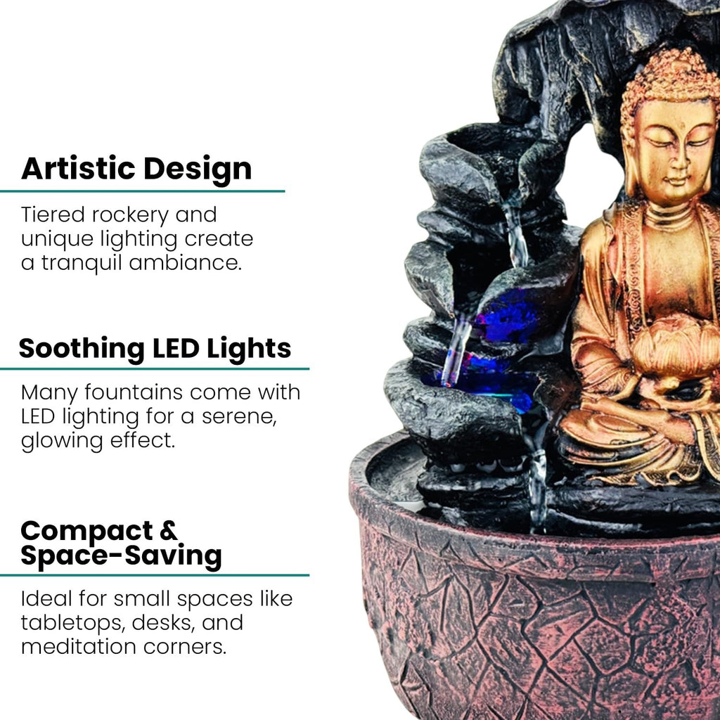 GoHooked Lord Buddha tabletop fountain with cascading water and blue LED lights, made of polyresin.