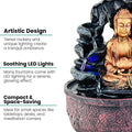 GoHooked Lord Buddha tabletop fountain with cascading water and blue LED lights, made of polyresin.