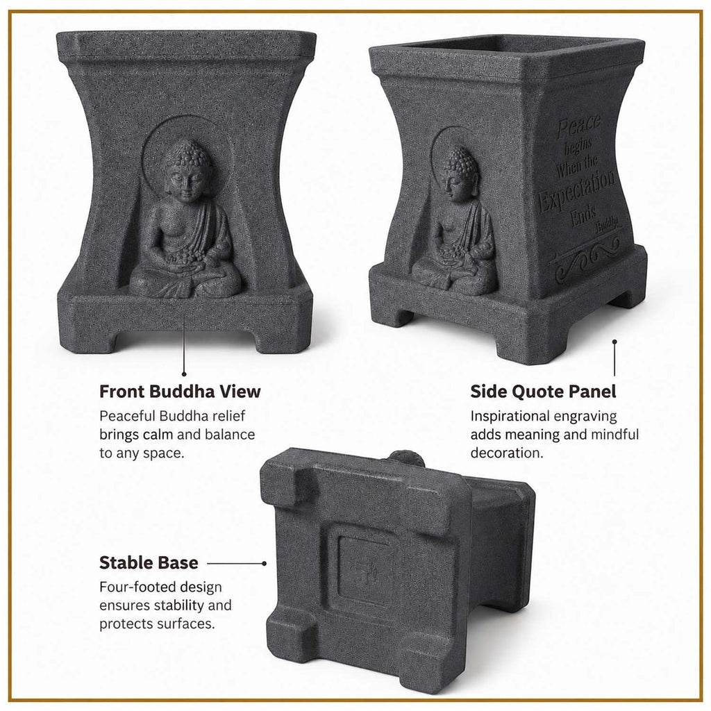 GoHooked grey polymer Buddha planter with stone-look texture, featuring a serene relief, side quotes, and stable base.