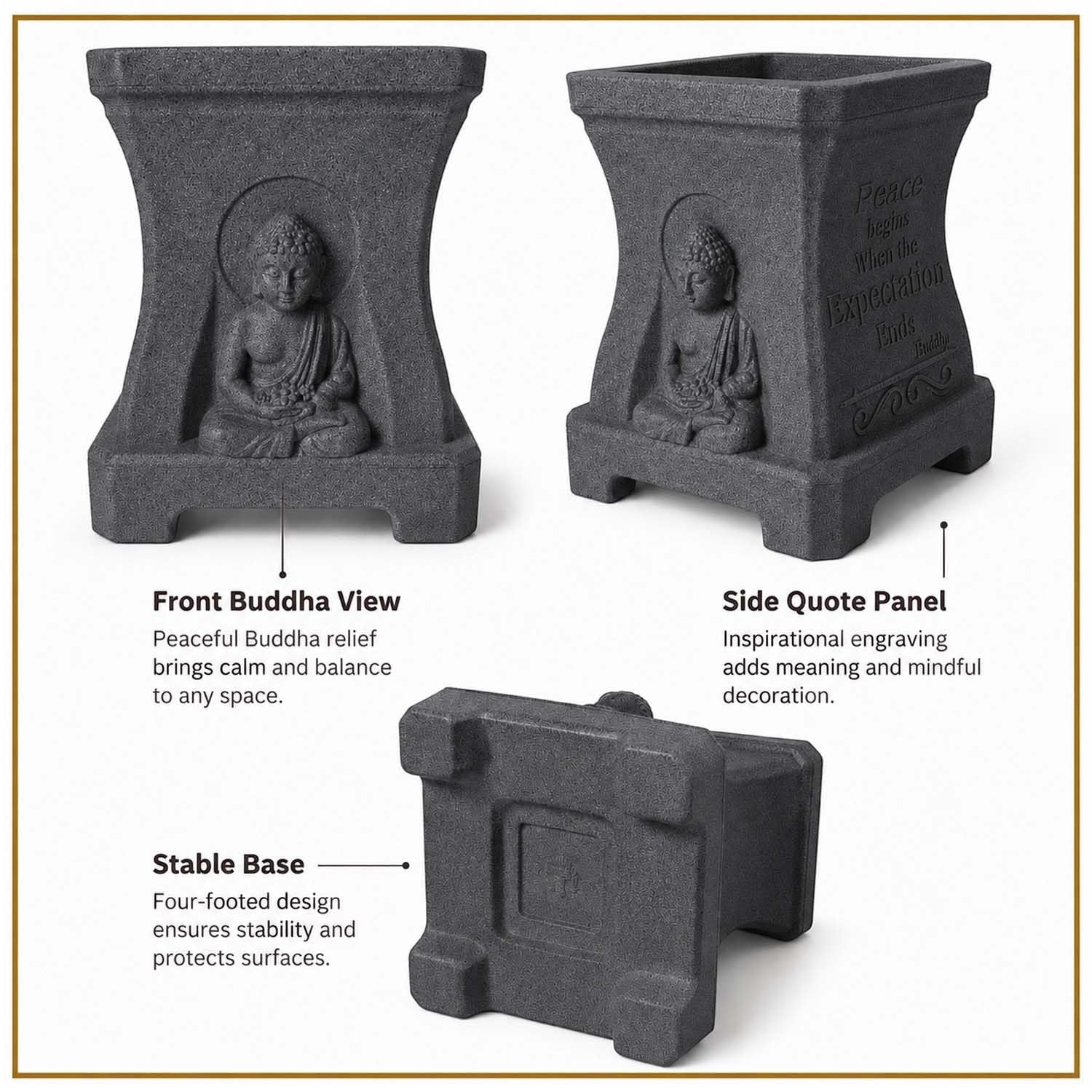 GoHooked grey polymer Buddha planter with stone-look texture, featuring a serene relief, side quotes, and stable base.
