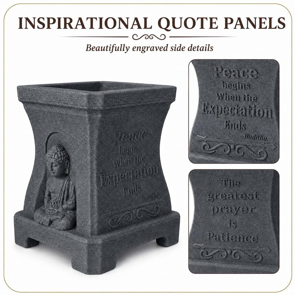 GoHooked grey square polymer planter with Buddha relief and engraved inspirational quote side panels