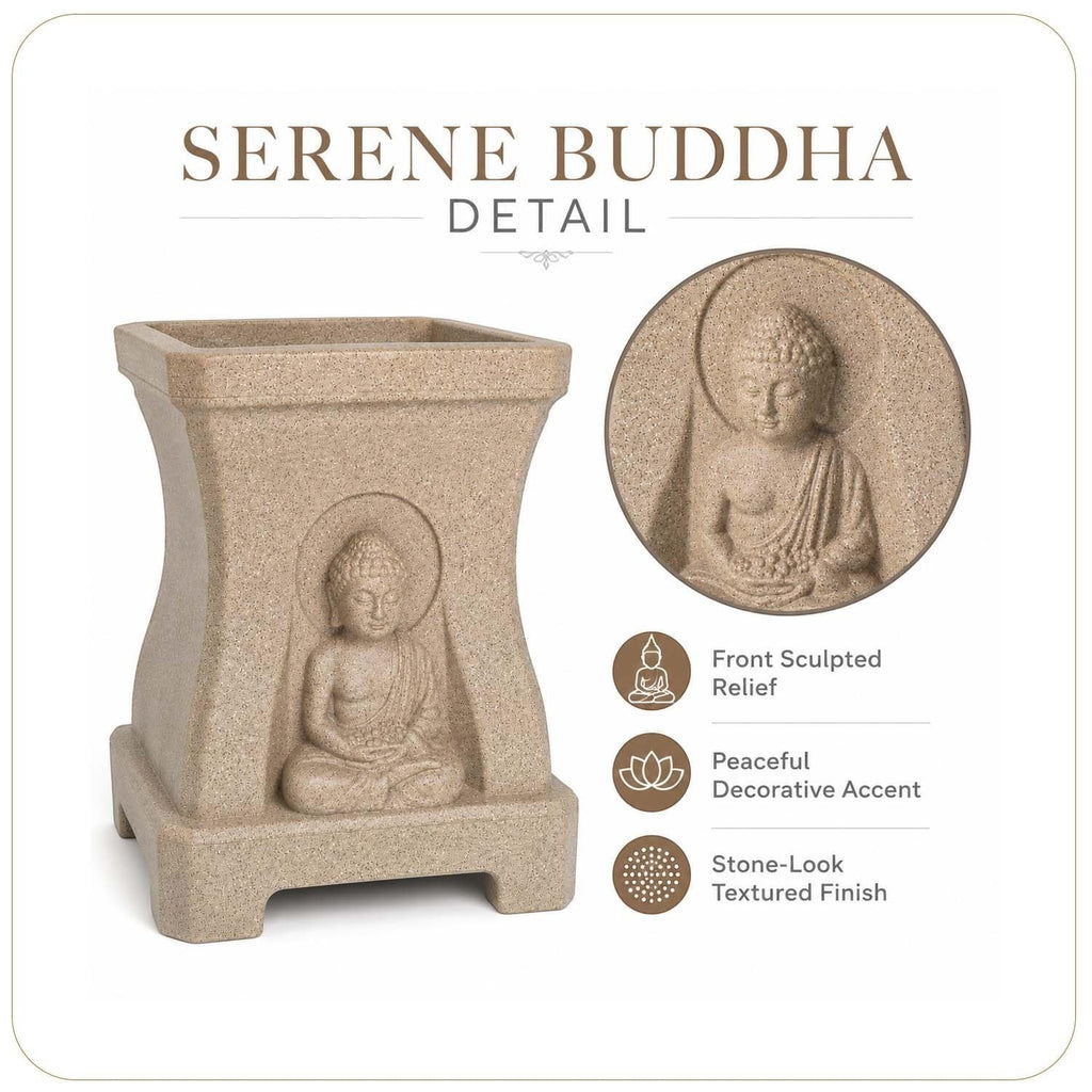 GoHooked sandstone-look polymer square planter featuring a serene Buddha relief and textured stone finish.