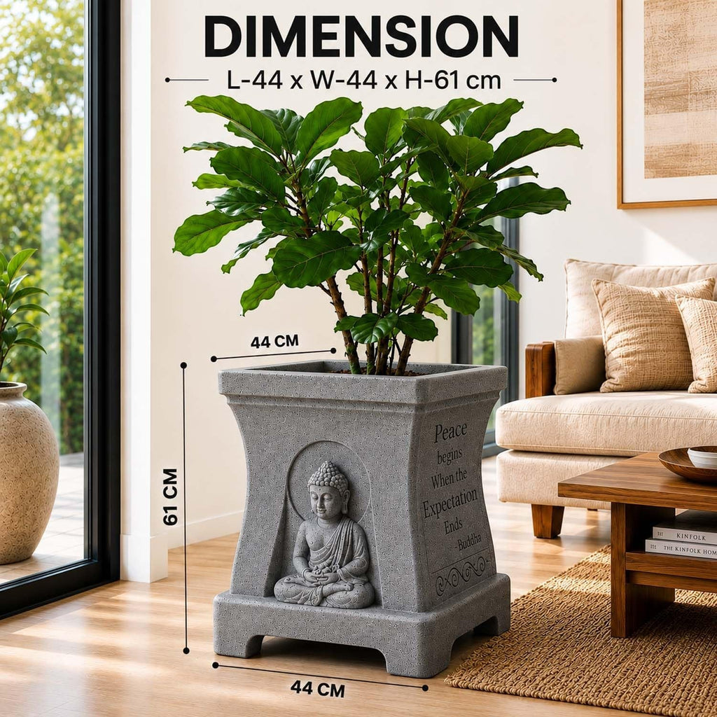 GoHooked grey square polymer planter with Buddha relief and inspirational quotes, holding a leafy green plant.