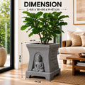 GoHooked grey square polymer planter with Buddha relief and inspirational quotes, holding a leafy green plant.