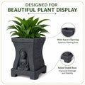 GoHooked grey square polymer planter with Buddha relief, stone-look texture, and inspirational side quote engravings.