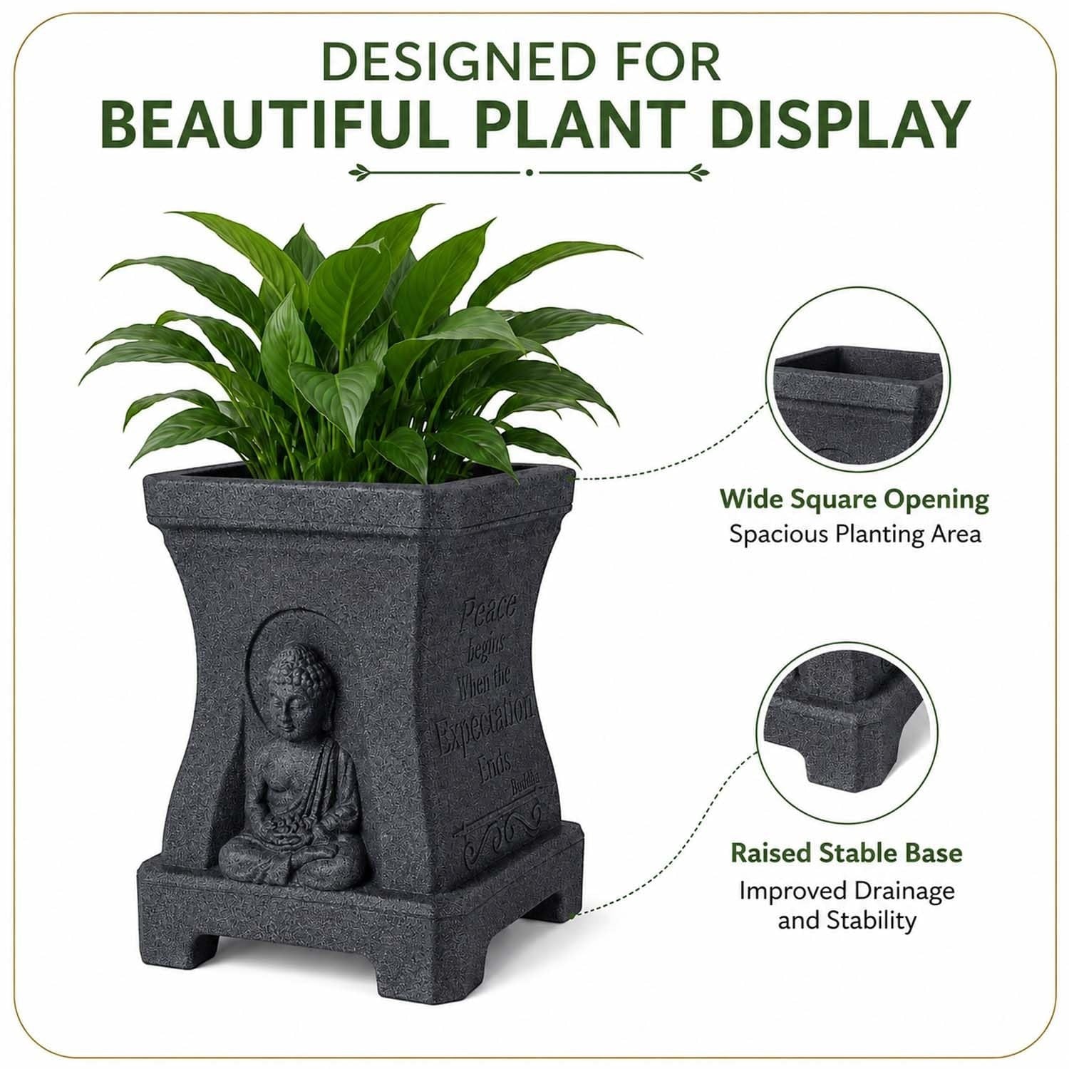 GoHooked grey square polymer planter with Buddha relief, stone-look texture, and inspirational side quote engravings.