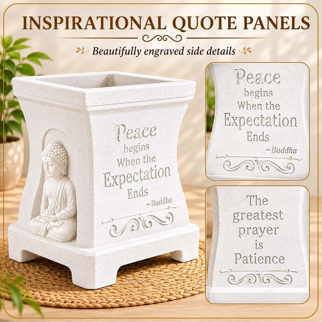 GoHooked marble white square polymer planter with Buddha relief and engraved inspirational quotes on side panels.