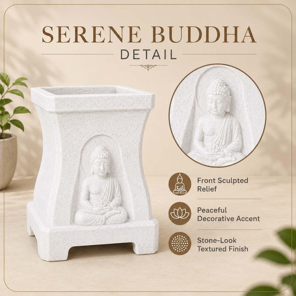 GoHooked marble white square polymer planter featuring a serene Buddha relief and textured stone-look finish.