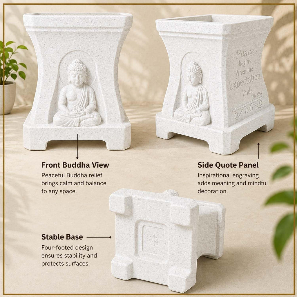 GoHooked marble white square Buddha planter with serene relief, inspirational side quotes, and a raised four-foot base.