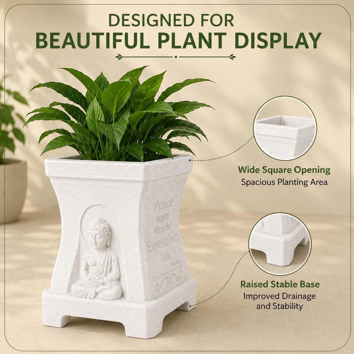 GoHooked marble white square polymer planter with a serene Buddha relief, inspirational quotes, and a raised base.