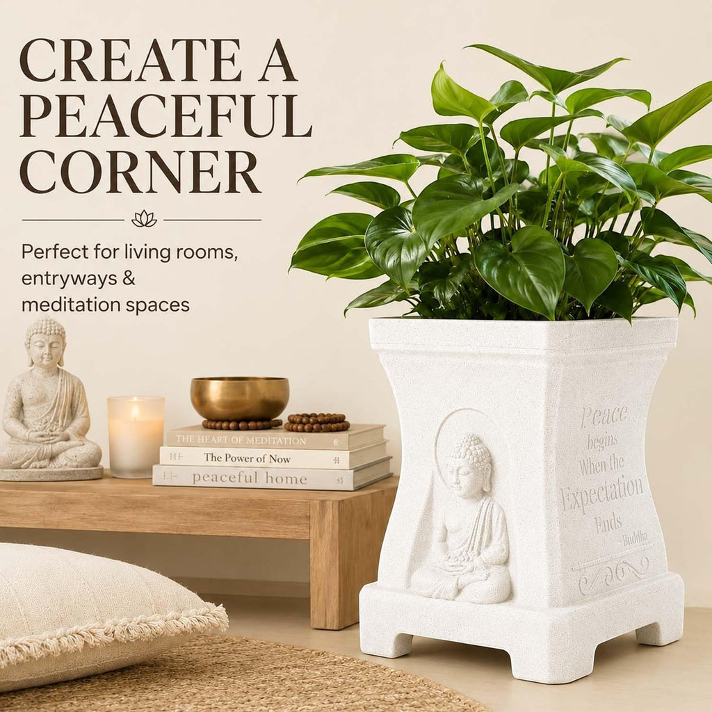 GoHooked marble white square polymer planter with Buddha relief and inspirational quotes in a peaceful home setting