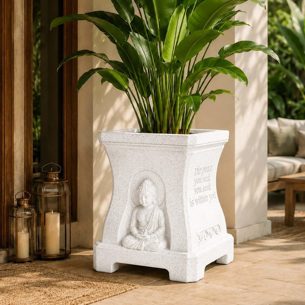 GoHooked marble white square polymer planter featuring a serene Buddha relief and inspirational side engravings.