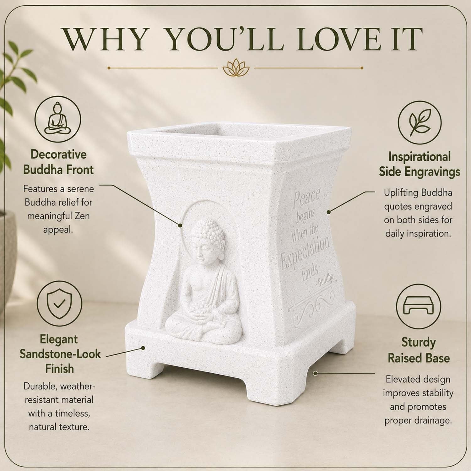 GoHooked marble white square polymer planter with a serene Buddha relief, inspirational side quotes, and raised base.