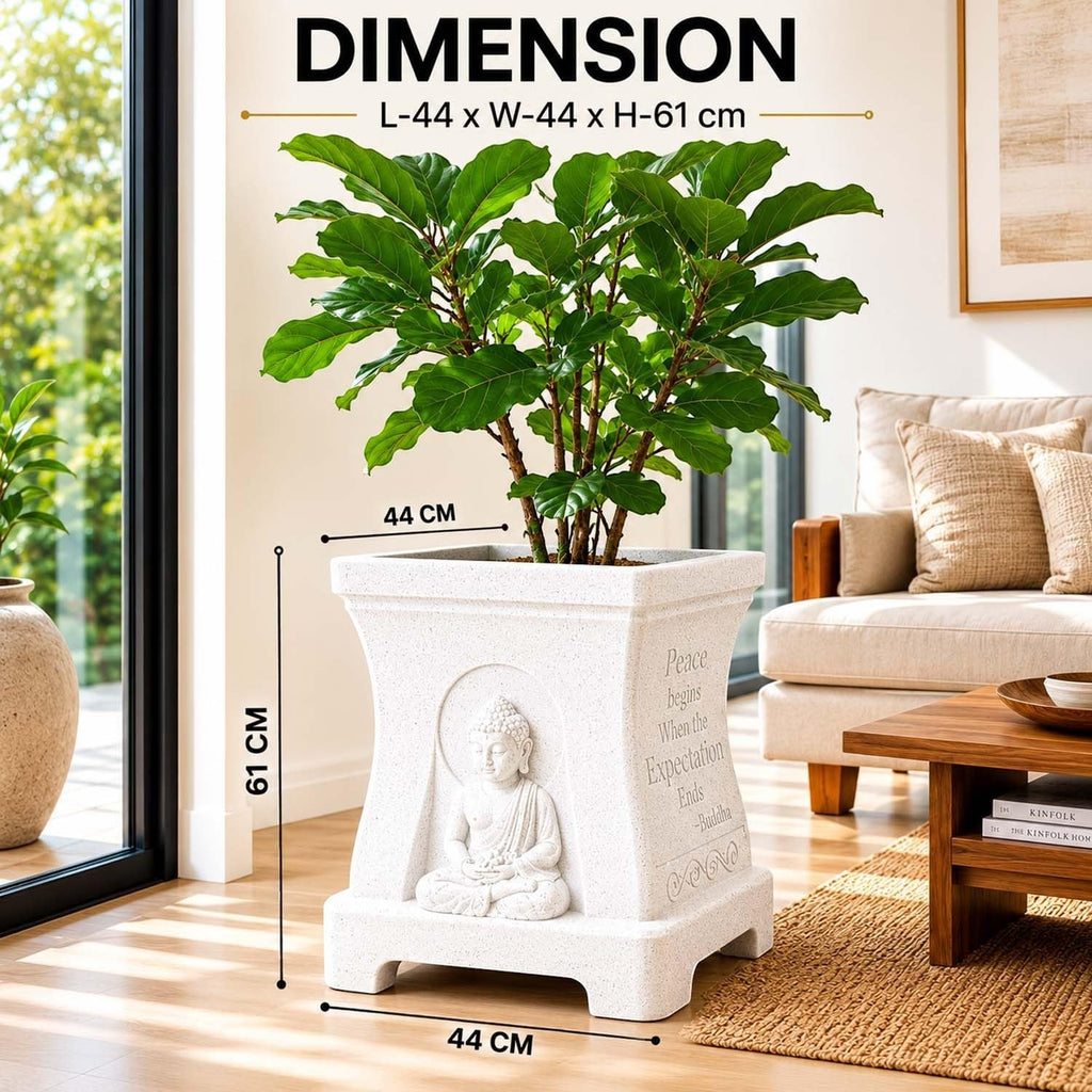 GoHooked marble white square polymer planter with Buddha relief and inspirational quotes in a modern living room