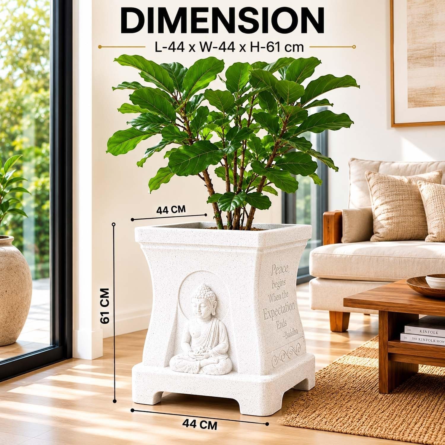 GoHooked marble white square polymer planter with Buddha relief and inspirational quotes in a modern living room