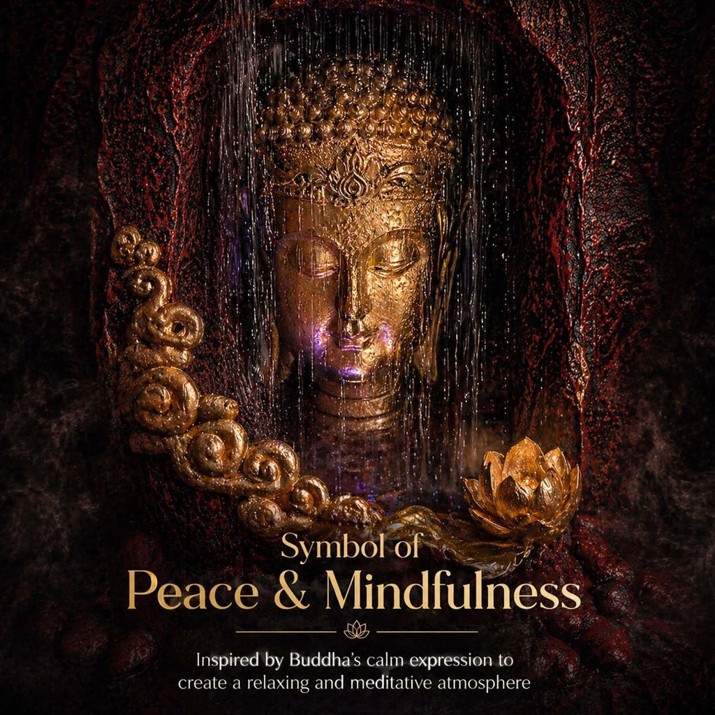 Go Hooked multicolor polyresin Buddha face tabletop fountain with LED light and waterfall effect.