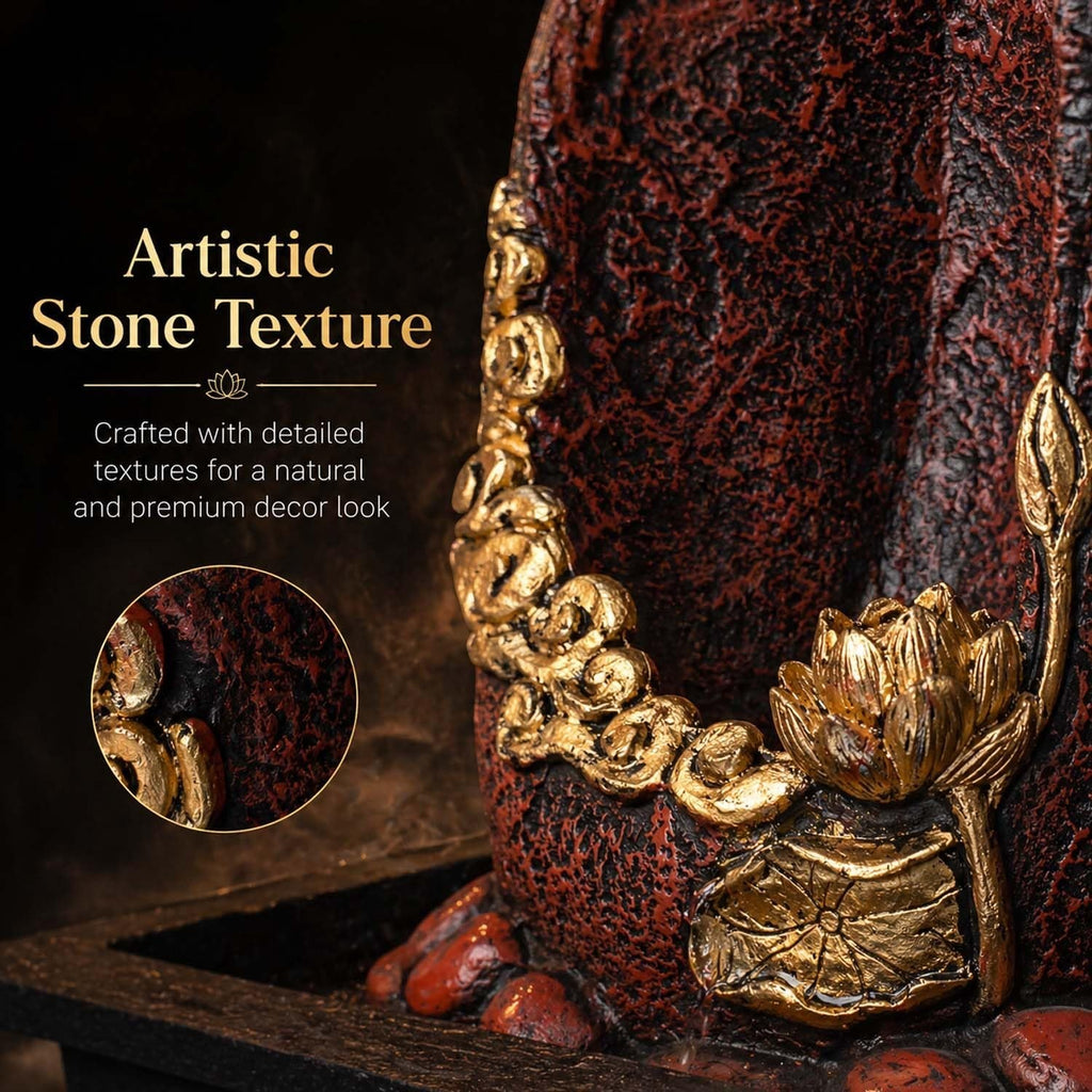 Go Hooked multicolor polyresin Buddha fountain with artistic stone texture and gold lotus detail. Includes LED light and pump.