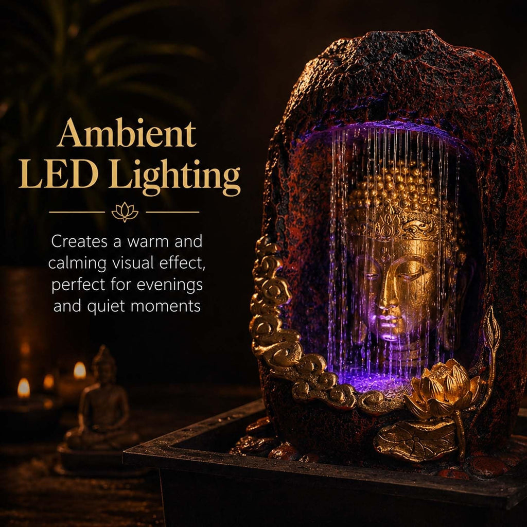 Go Hooked multicolor polyresin Buddha face tabletop fountain with LED lighting and water cascade effect.