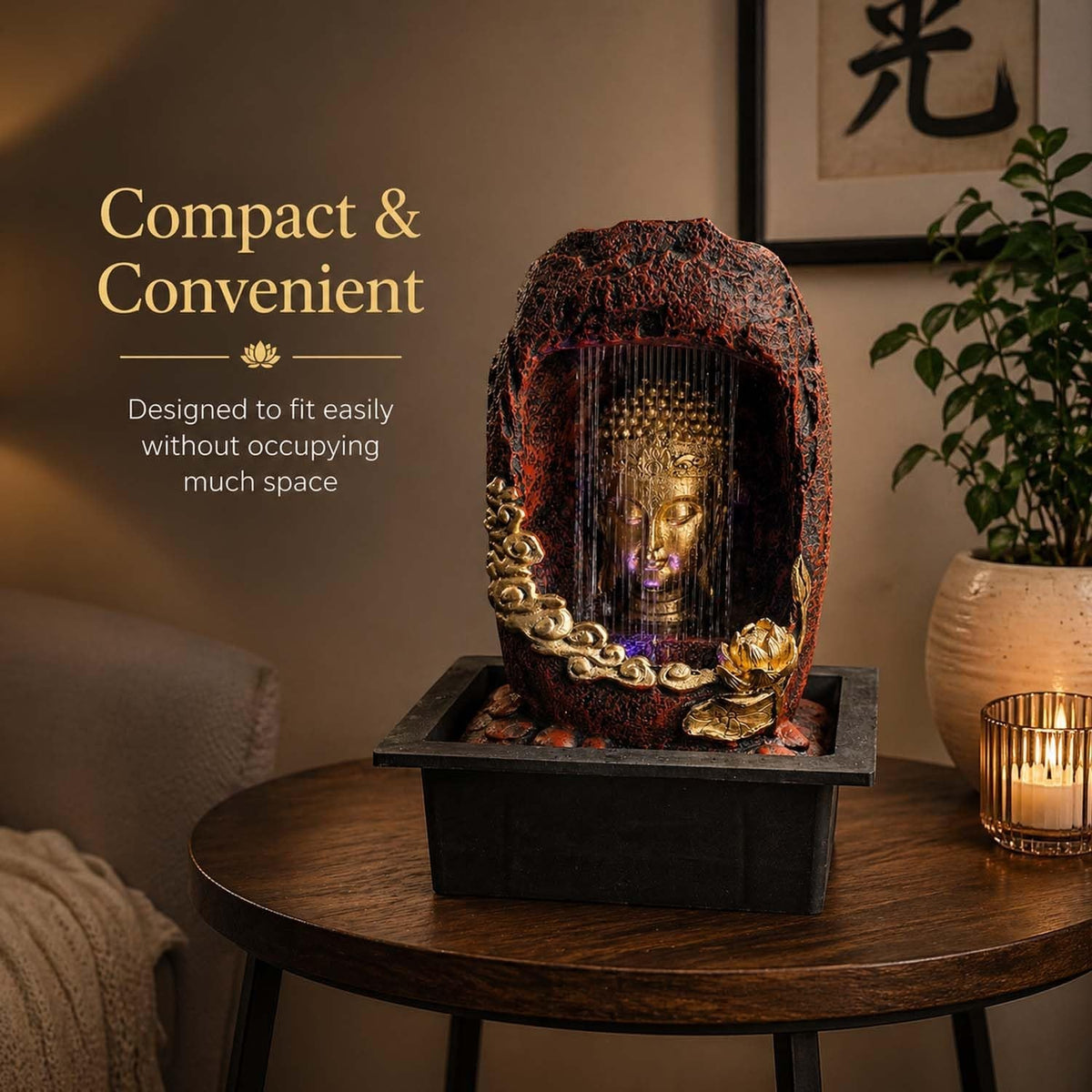Go Hooked multicolour polyresin Buddha face tabletop fountain with LED light and water cascade, 40cm