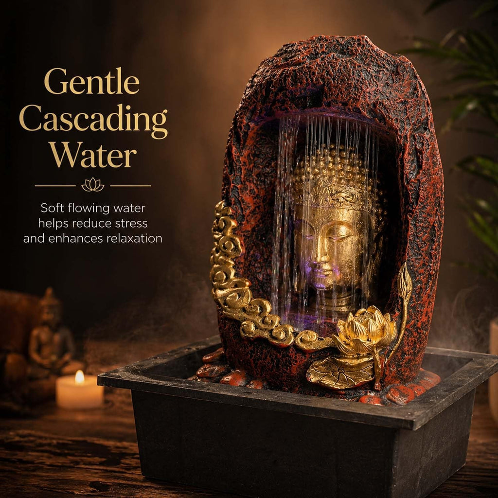 Go Hooked multicolour polyresin Buddha face tabletop fountain with LED light and cascading water effect.