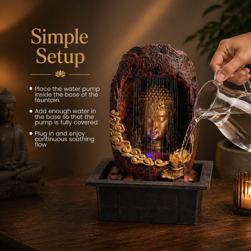 Go Hooked multicolour polyresin Buddha face tabletop fountain with LED light and water pump. Textured rock design.